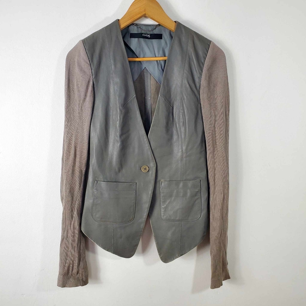 CUT25 by Yigal Azrouël Leather Blazer with Ribbed Knit Sleeves – Size 0